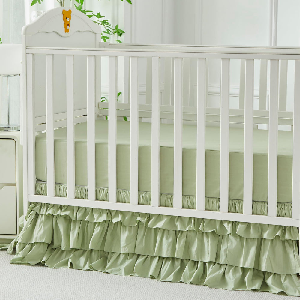 Brandream Crib Skirt 16in drop illustration demonstrates easy fit from crib to toddler bed.