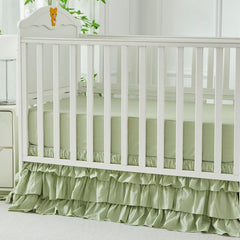 Brandream Crib Skirt 16in drop illustration demonstrates easy fit from crib to toddler bed.