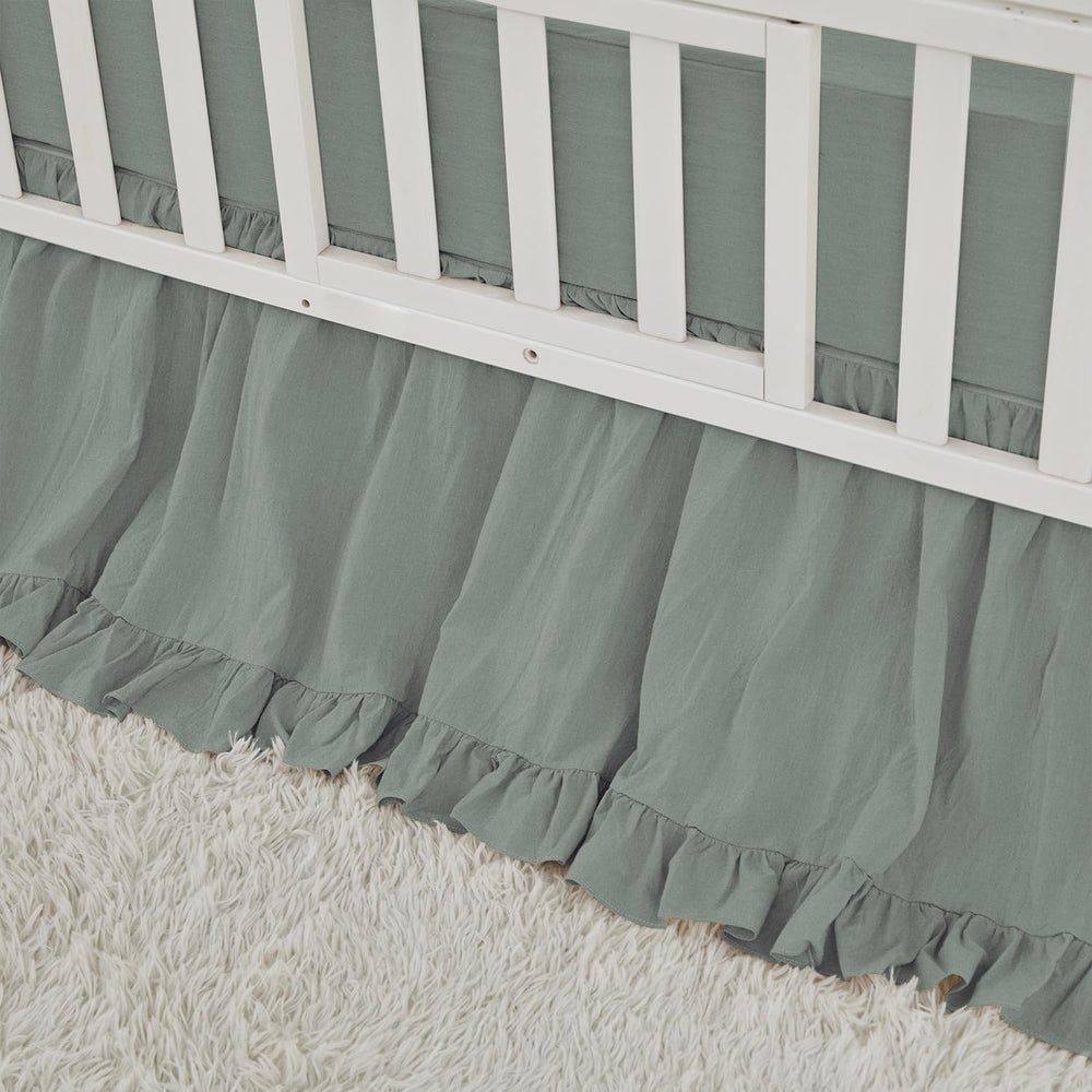 Brandream crib skirt dust-ruffle in sage green adds refined boho charm to nursery decor
