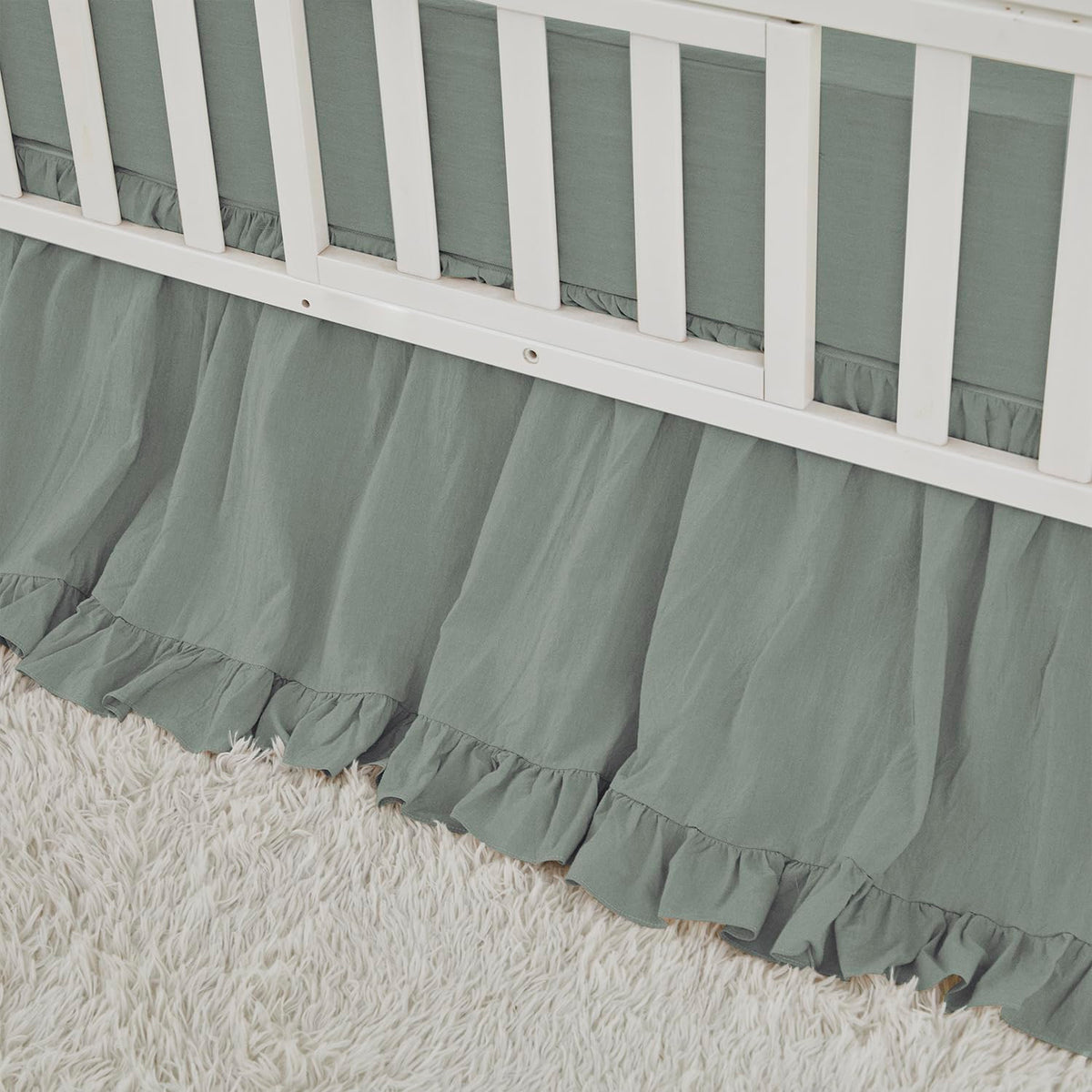 Brandream crib skirt dust-ruffle in sage green adds refined boho charm to nursery decor