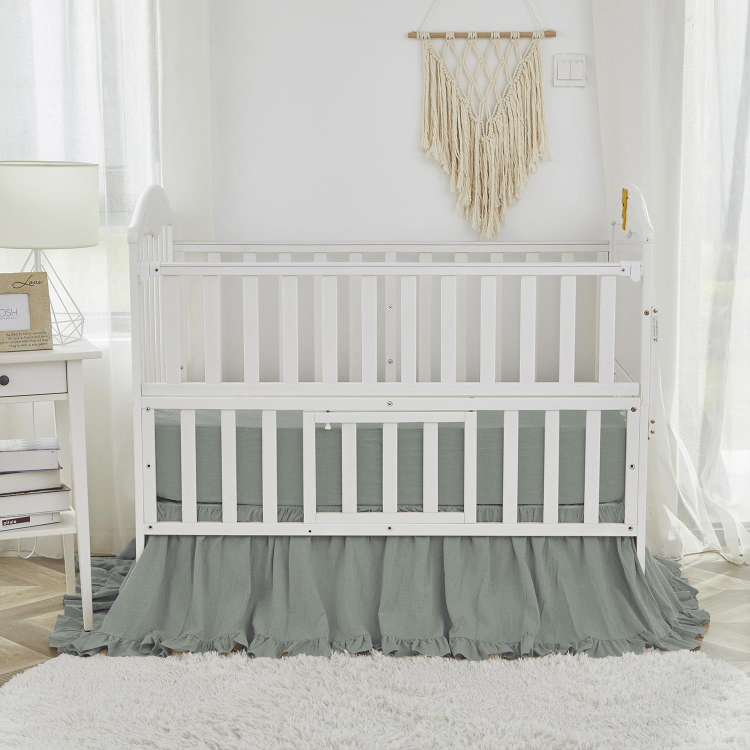 Brandream boho crib skirt in sage green complements neutral nursery themes