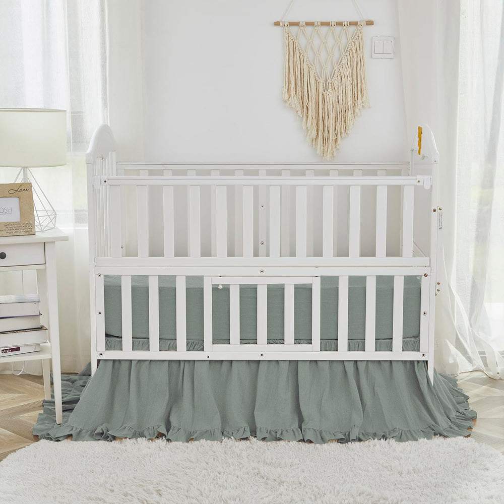 Brandream boho crib skirt in sage green complements neutral nursery themes