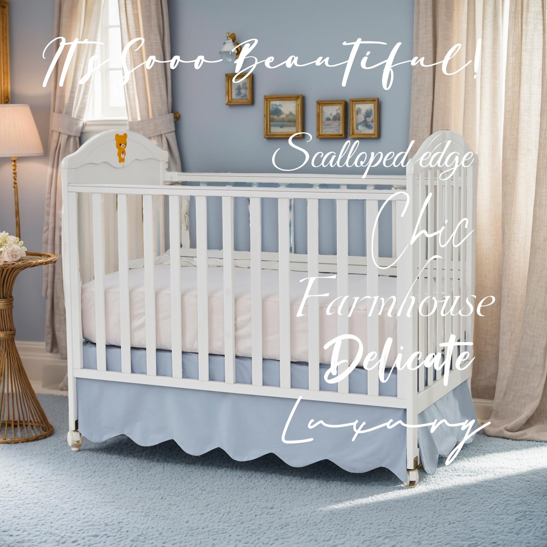 Brandream four-sided drop crib skirt creates a neat, finished look around the crib.