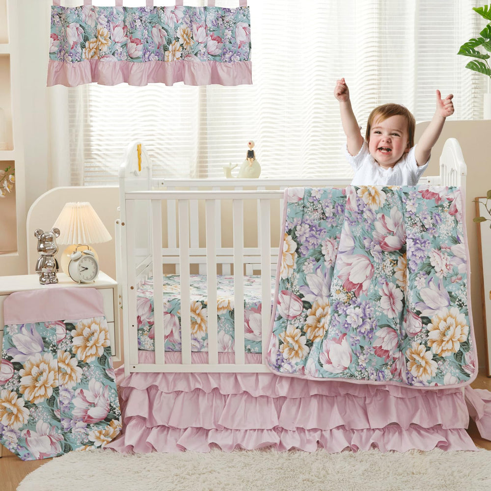 Brandream Crib Skirt in silky pink purple tones to match nursery decor
