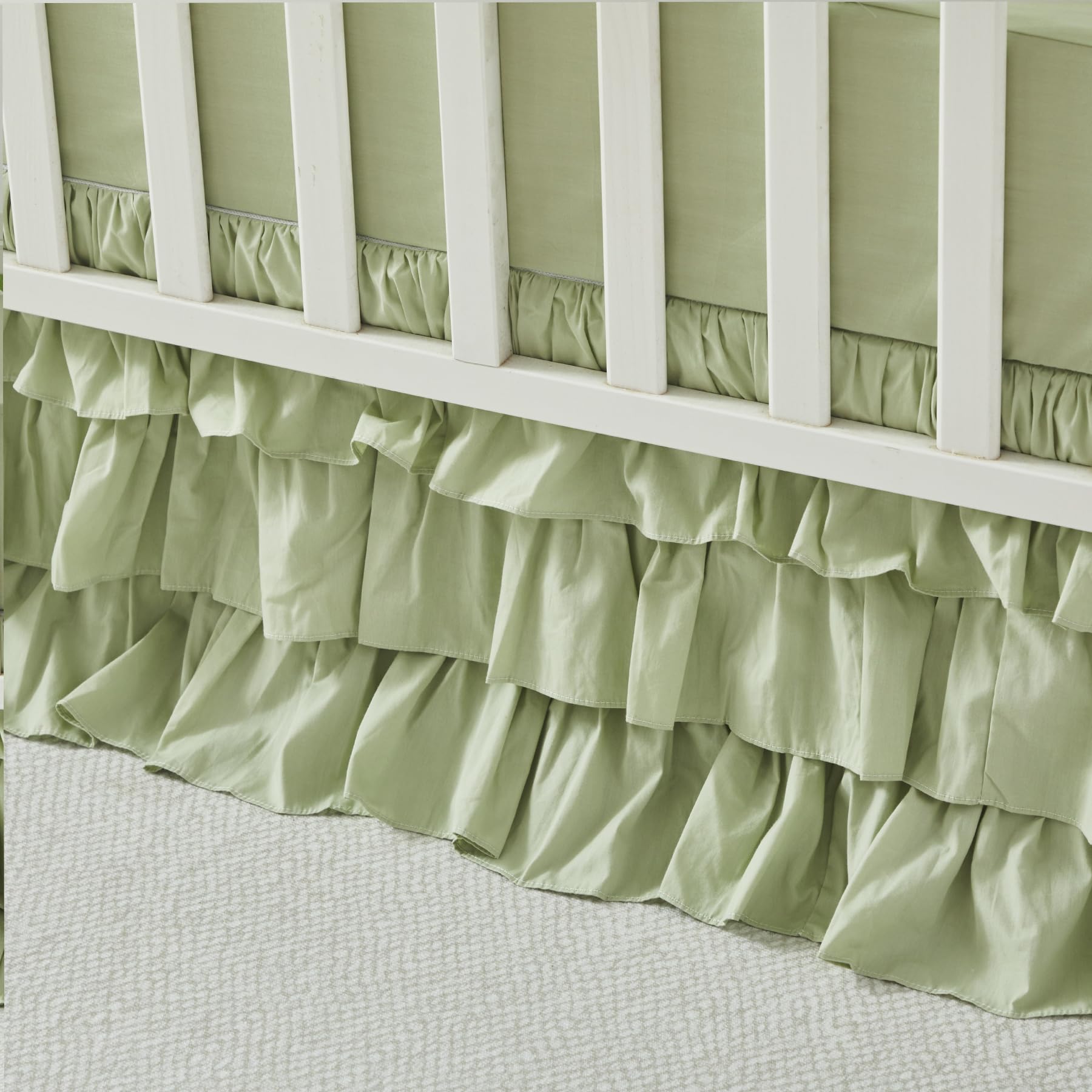 Brandream Crib Skirt soft green shade complements nursery decor.