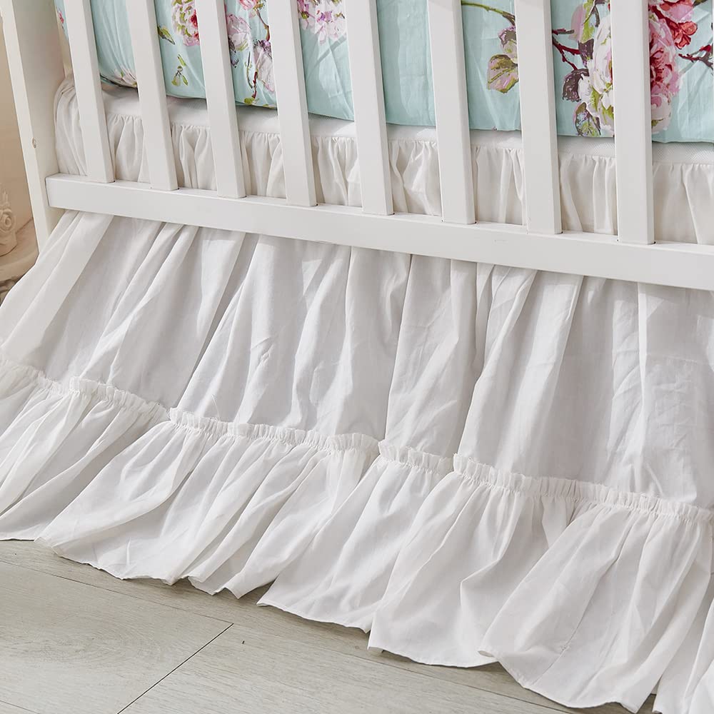 Brandream crib skirt in white Boho ruffle with soft cotton texture.