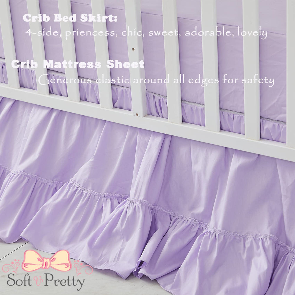 Brandream purple dust ruffle coordinates with the quilt for a cohesive space.