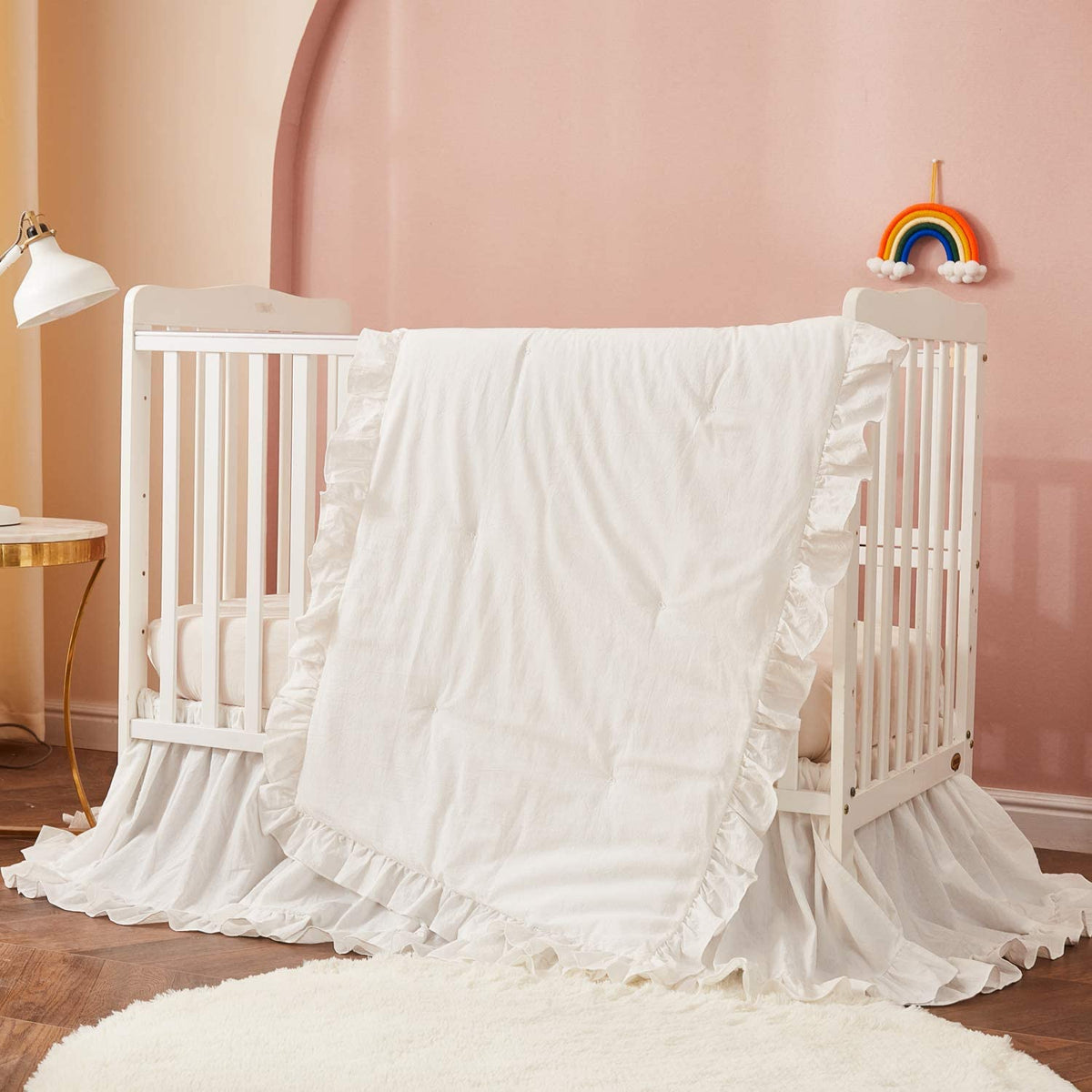 Brandream Farmhouse crib comforter with ruffle design for nursery nights.
