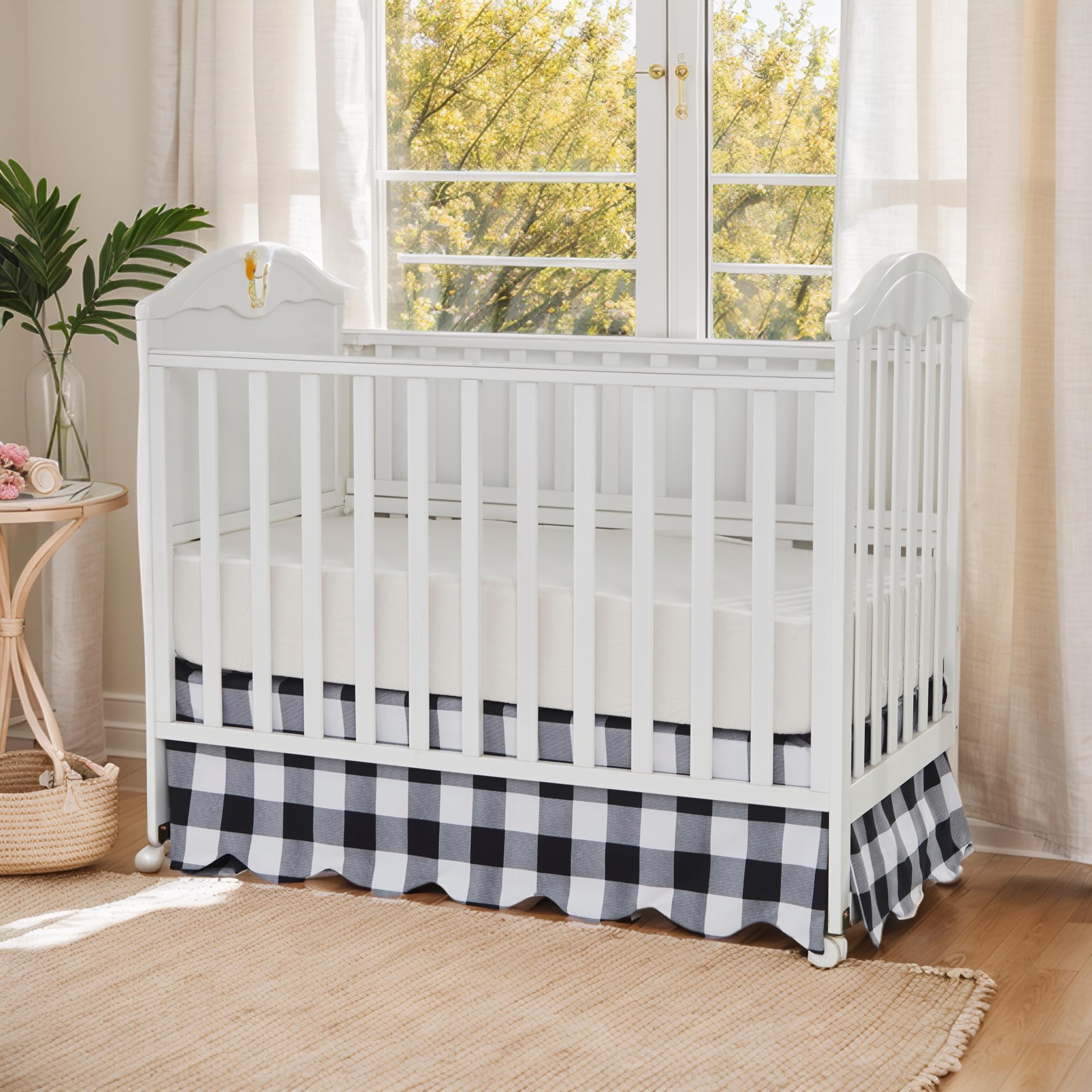 Brandream farmhouse-nursery-crib-skirt delivers rustic vibe and practical coverage.