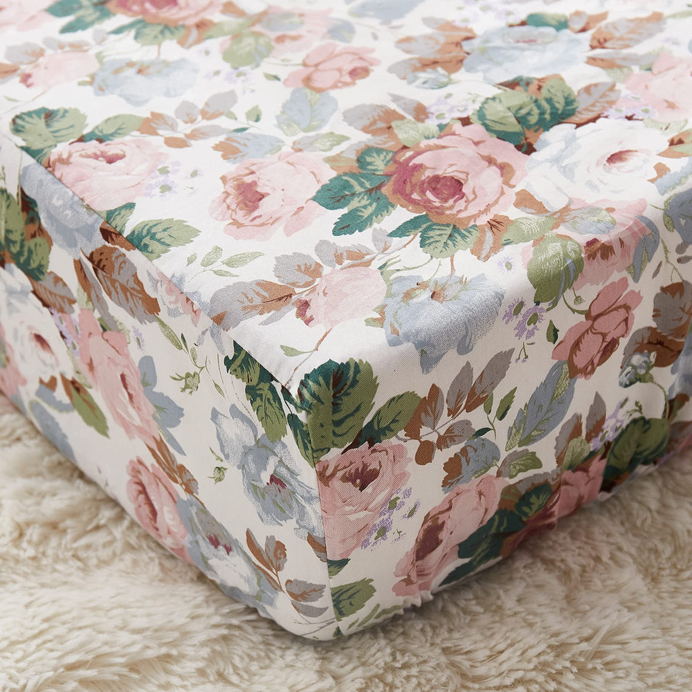 Brandream fitted crib sheet with organic cotton rose floral print for gentle, breathable baby comfort.