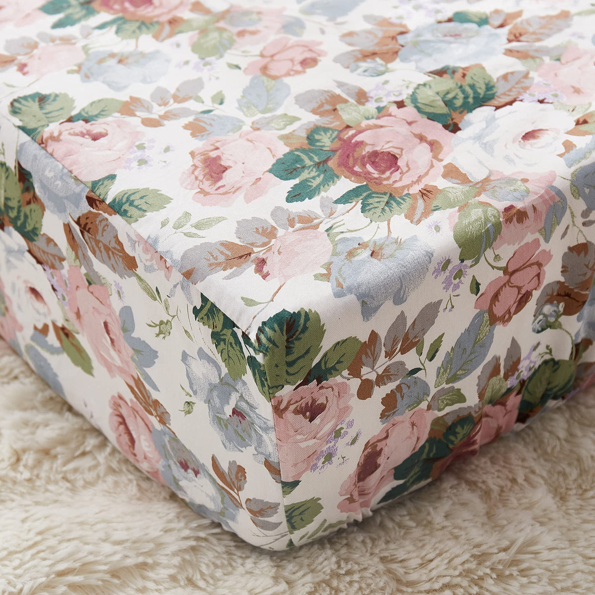 Brandream fitted crib sheet with organic cotton rose floral print for gentle, breathable baby comfort.