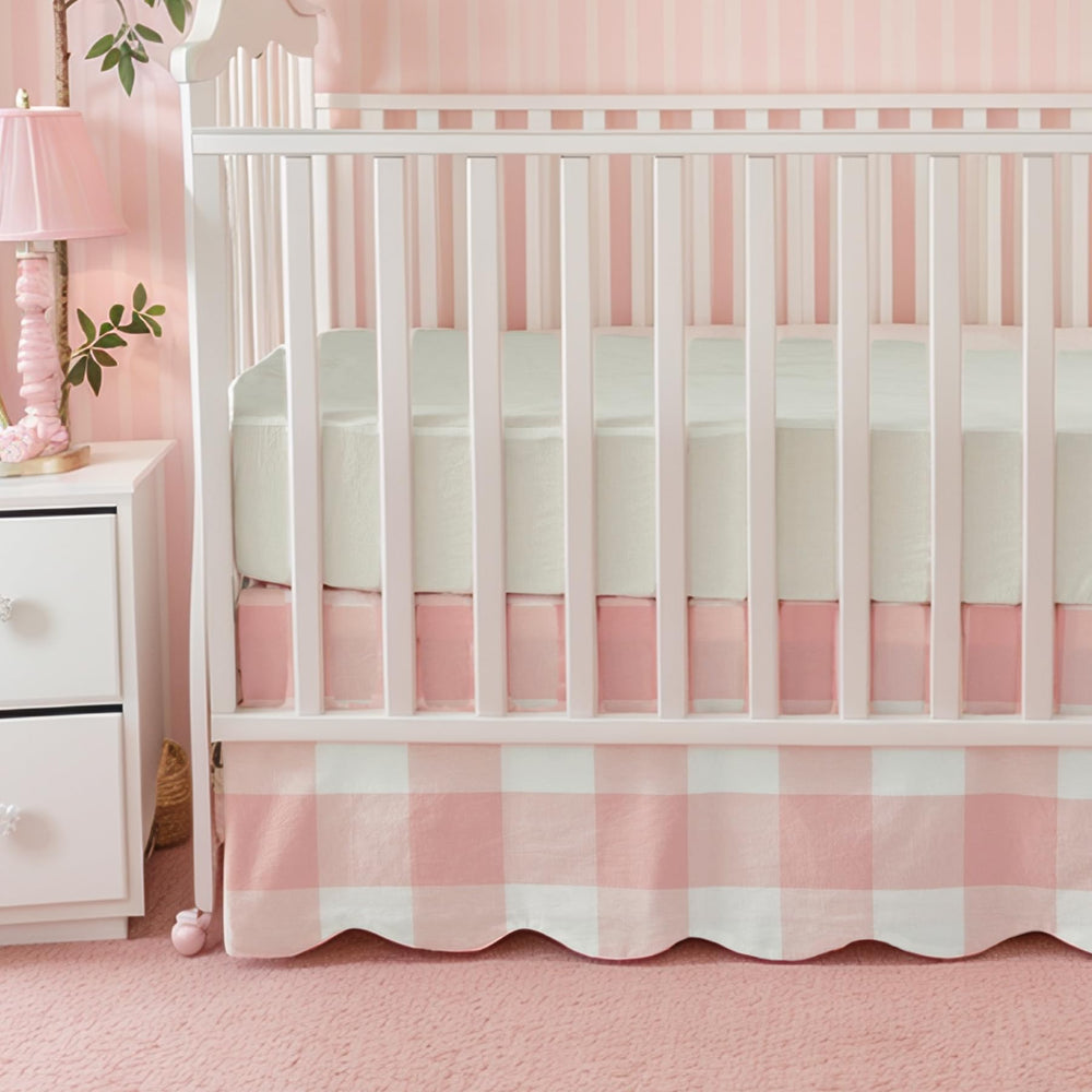 Brandream four-sided drop crib skirt provides complete under-bed coverage.