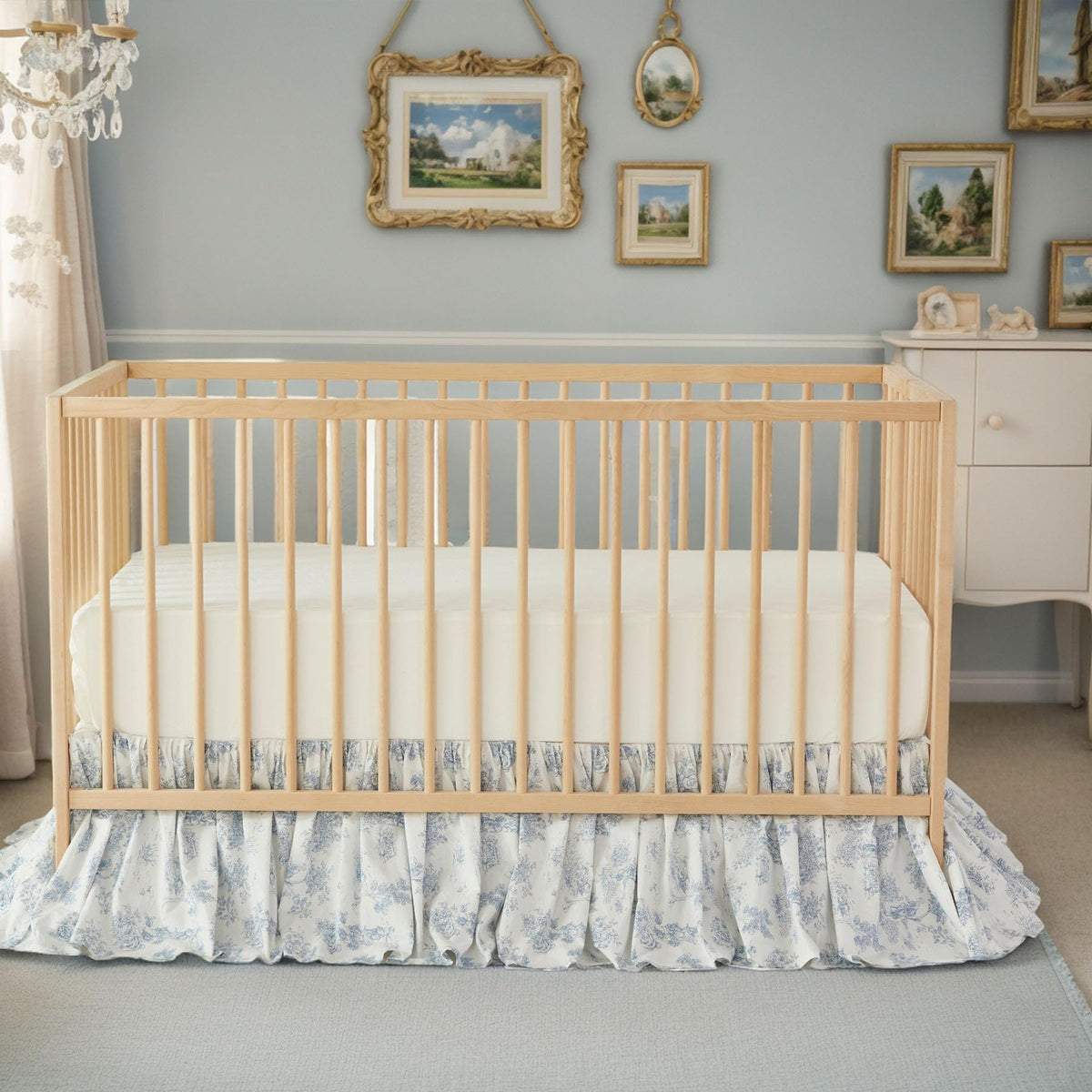 Brandream French Country Toile Crib Skirt fold view, secure 4-sided drop for standard cribs