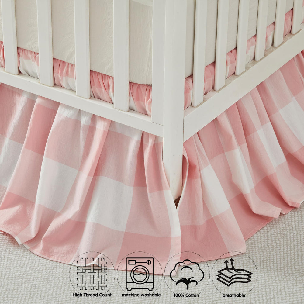 Brandream gingham gathered crib skirt closeup stitching for durability