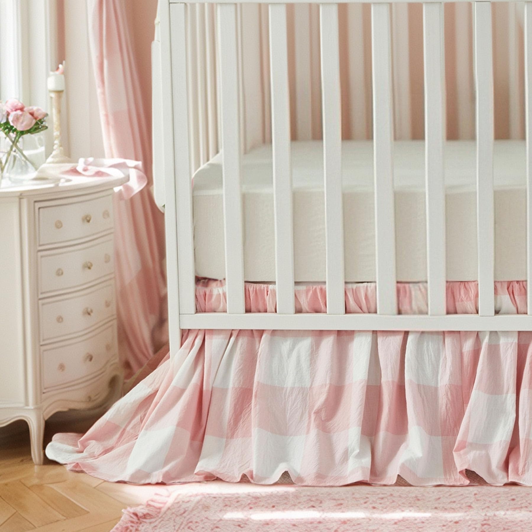 Brandream gingham gathered crib skirt flat lay enhances nursery decor
