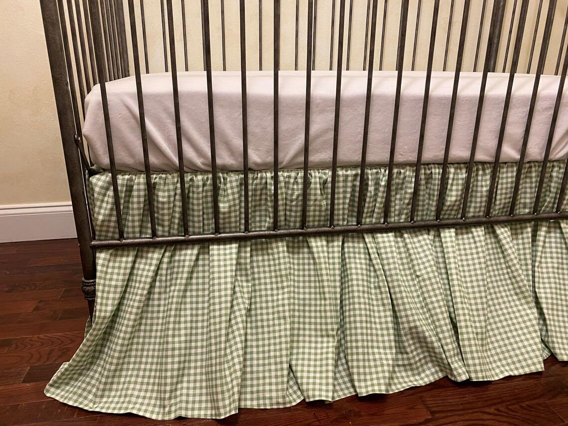 Brandream gingham gathered crib skirt in green enhances nursery decor and under-crib storage.