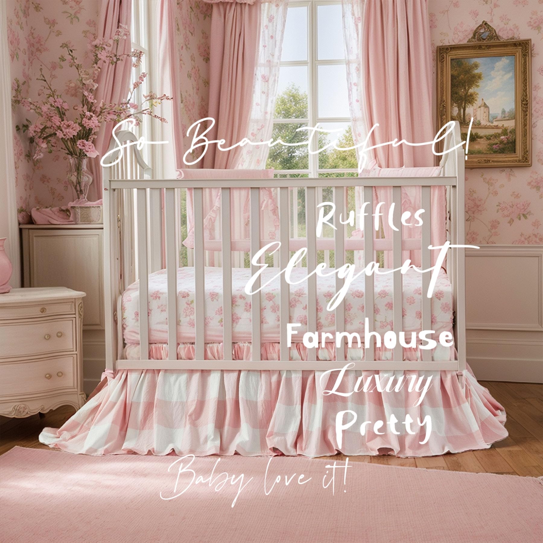 Brandream gingham gathered crib skirt in nursery setting blends farmhouse style
