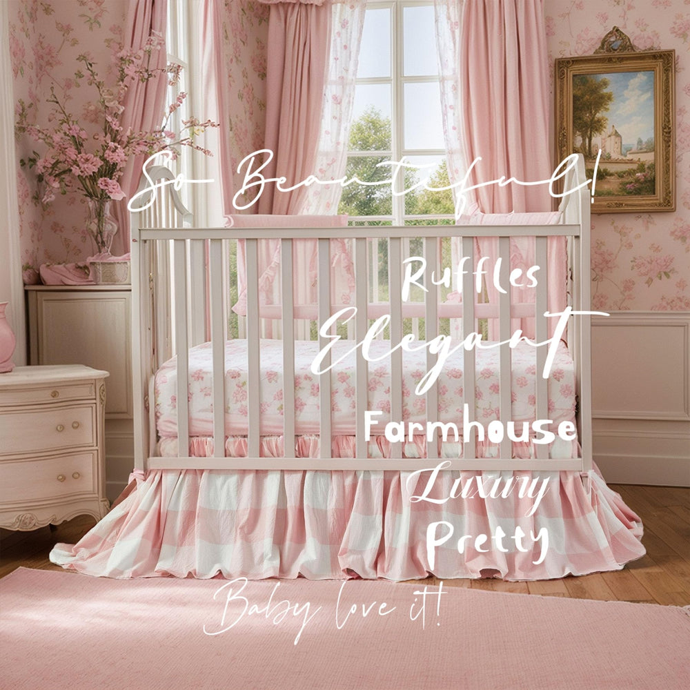 Brandream gingham gathered crib skirt in nursery setting blends farmhouse style