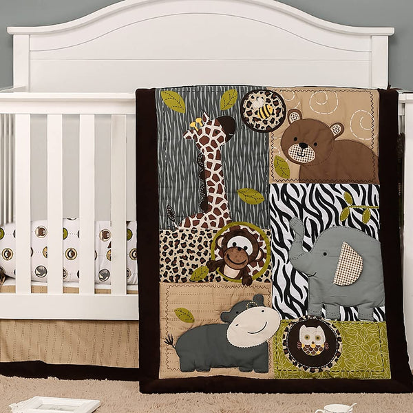 Brandream Jungle crib bedding ensemble in soft gray and taupe for a cozy nursery.