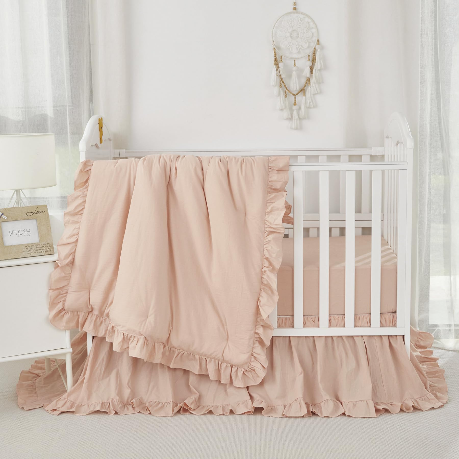 Brandream neutral blush dust ruffle showing 4-sided drop fit