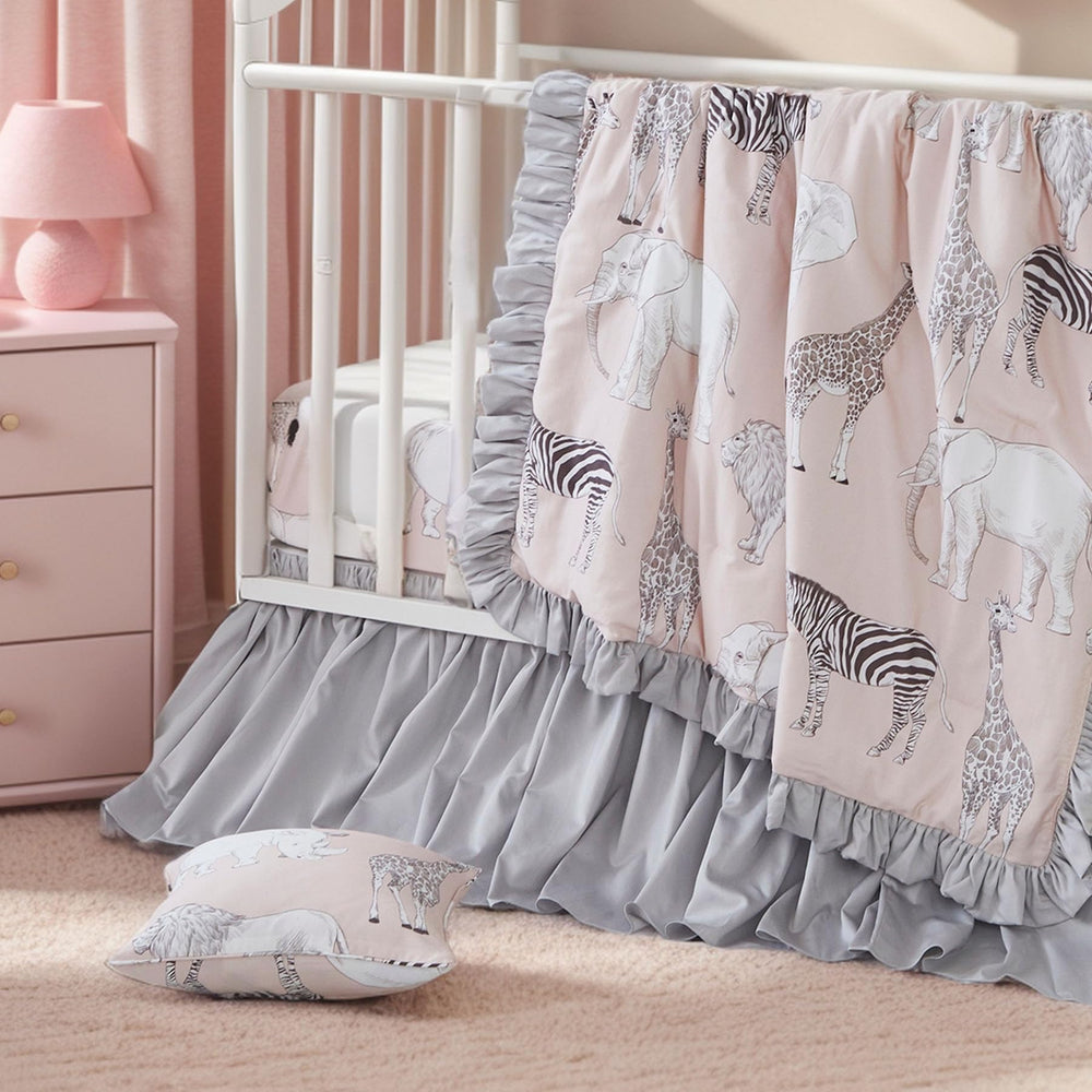 Brandream embroidery detail highlights animal characters on the bedding