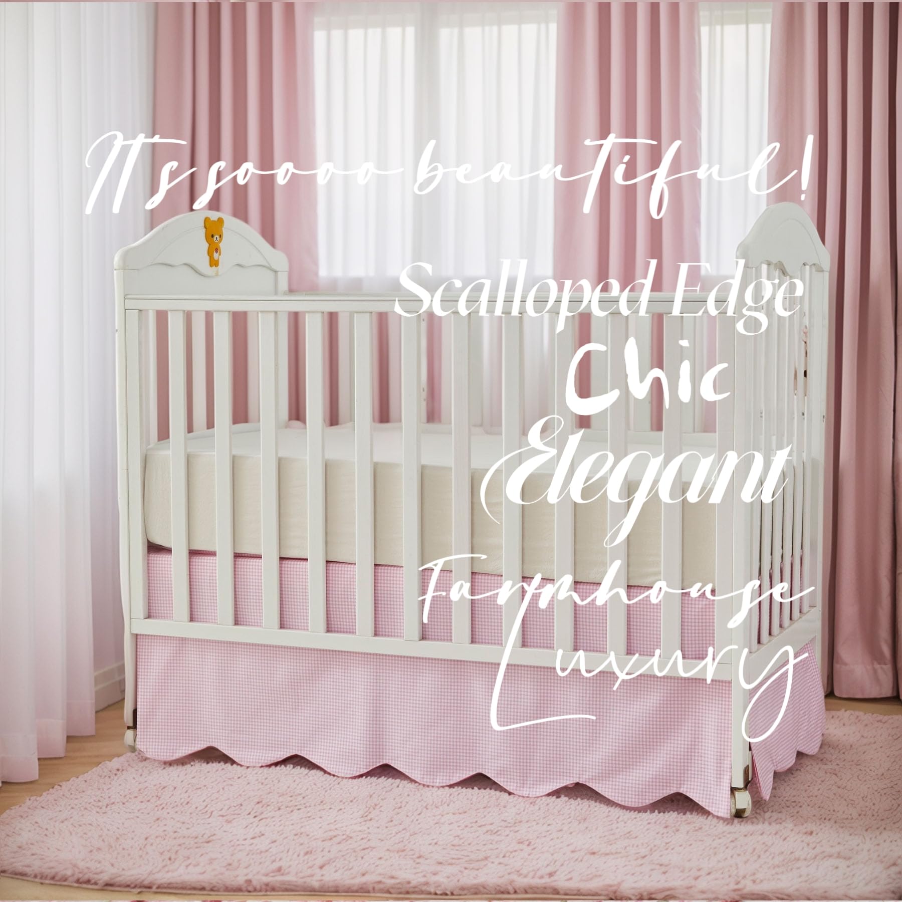 Brandream scallop edge crib skirt provides tidy coverage for standard cribs.