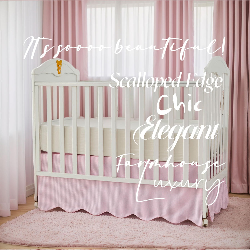 Brandream scallop edge crib skirt provides tidy coverage for standard cribs.