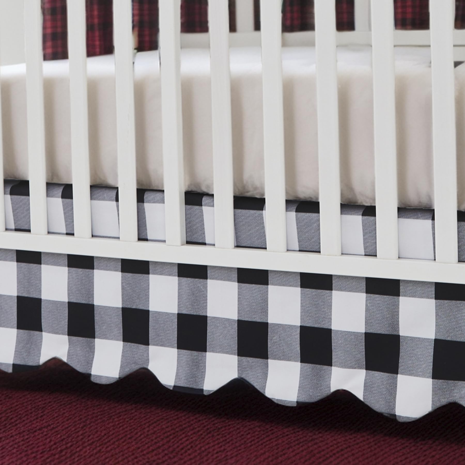 Brandream scallop edge crib skirt in black-gingham enhances nursery decor and hides under-crib items.