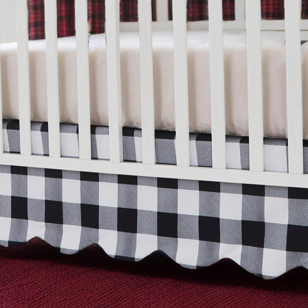 Brandream scallop edge crib skirt in black-gingham enhances nursery decor and hides under-crib items.