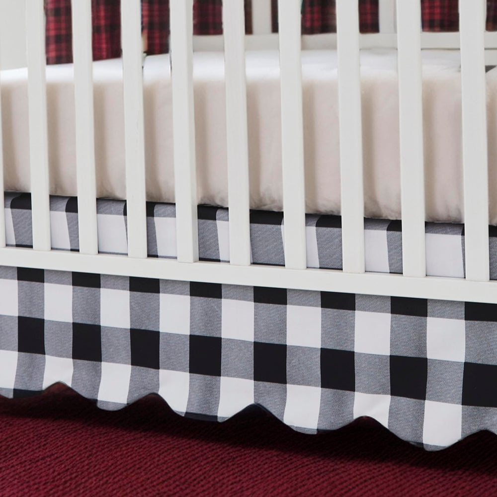 Brandream scallop edge crib skirt in black-gingham enhances nursery decor and hides under-crib items.