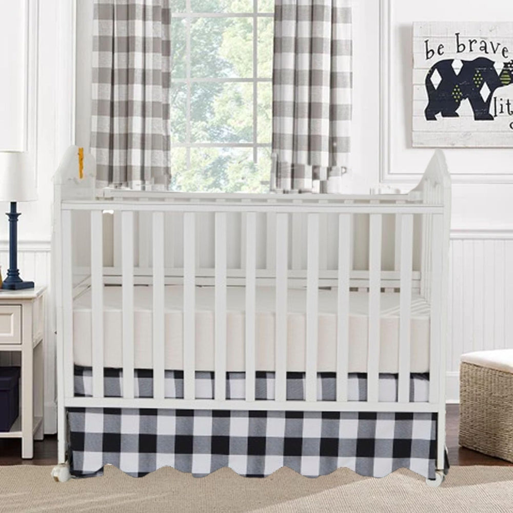 Brandream scallop edge crib skirt with buffalo check creates bold charm and easy care appeal.