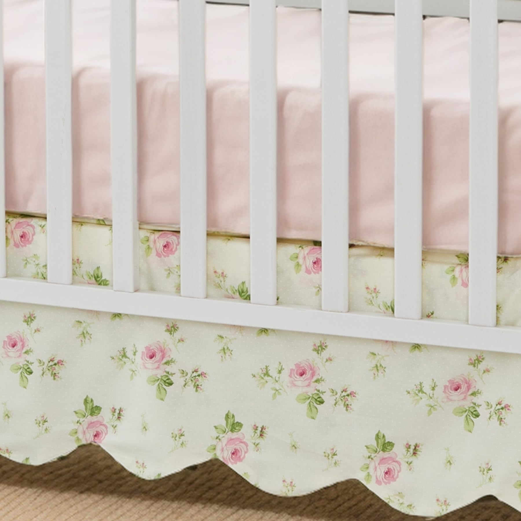 Brandream scallop edge crib skirt closeup highlighting premium cotton texture for a soft nursery.