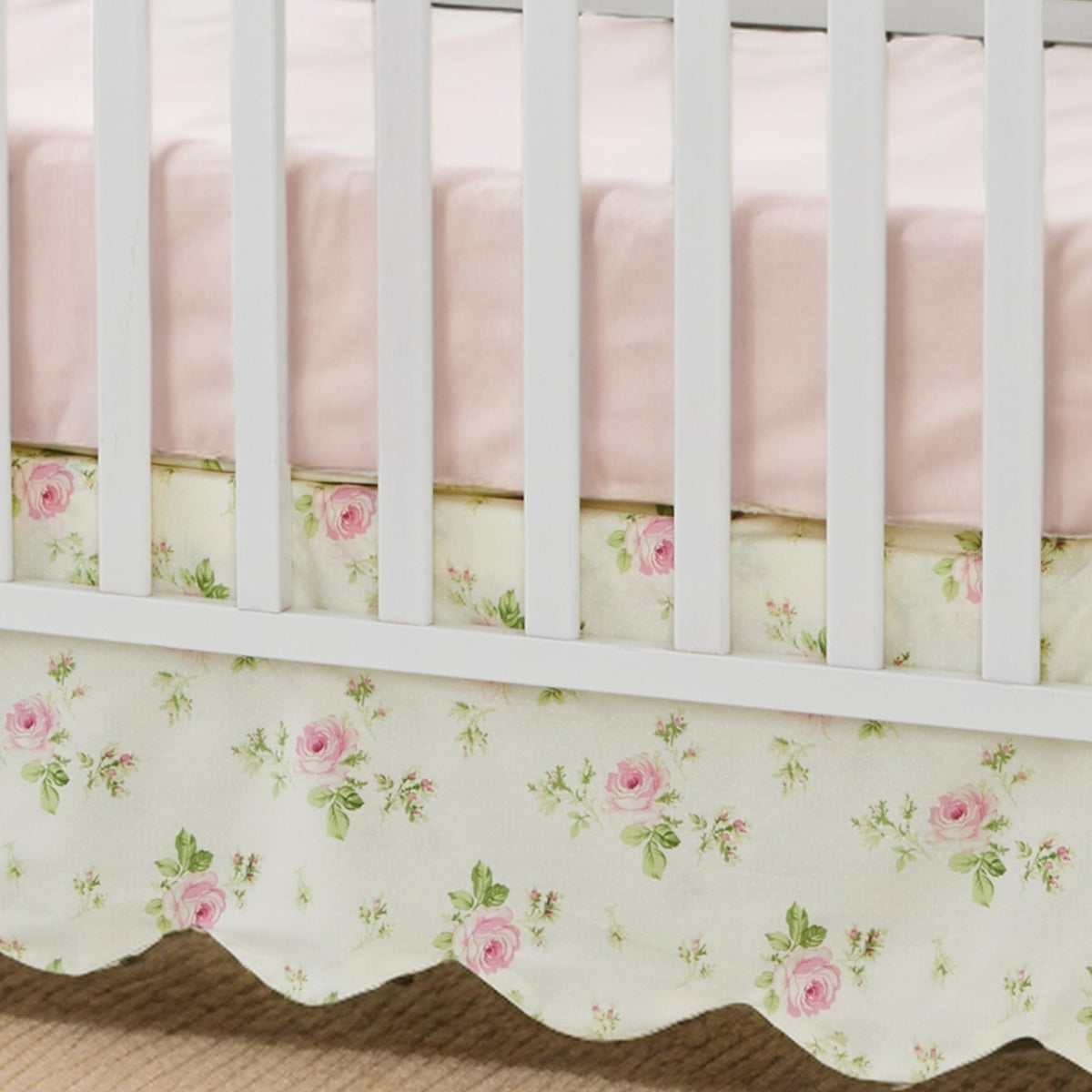 Brandream scallop edge crib skirt closeup highlighting premium cotton texture for a soft nursery.