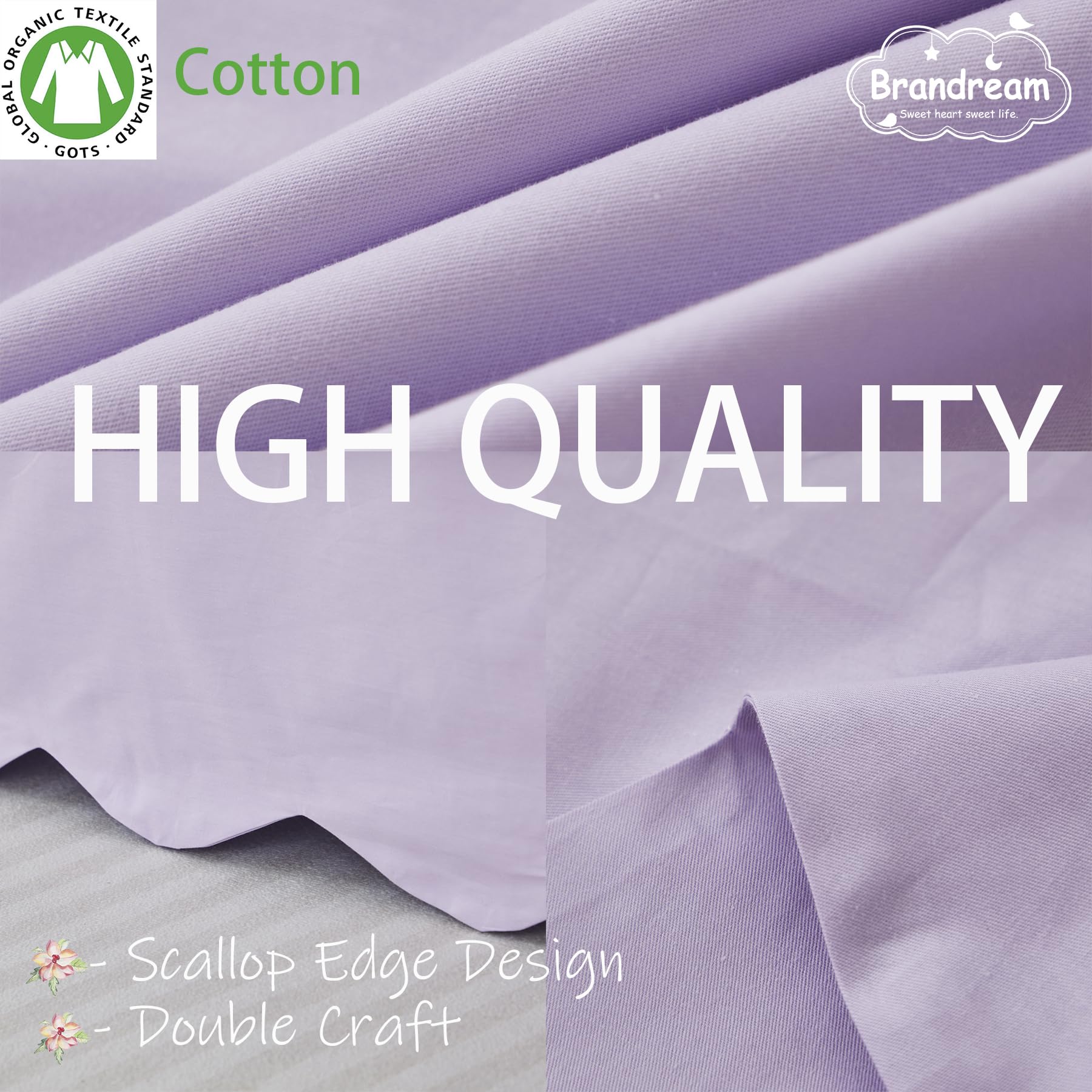 Brandream scallop edge crib skirt on a standard crib demonstrates four-sided fit.