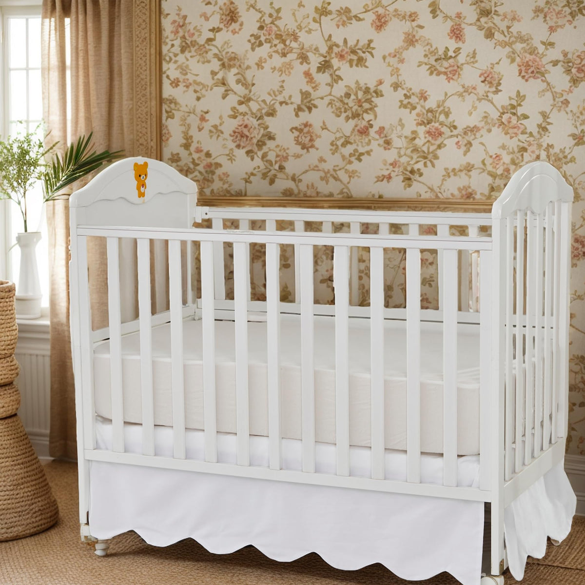 Brandream scallop edge crib skirt front view for a soft nursery look.