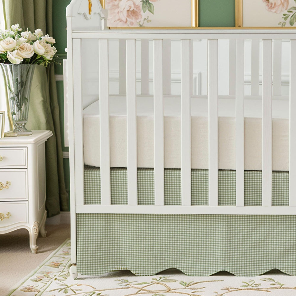 Brandream scallop edge crib skirt in green gingham adds soft texture to the nursery.