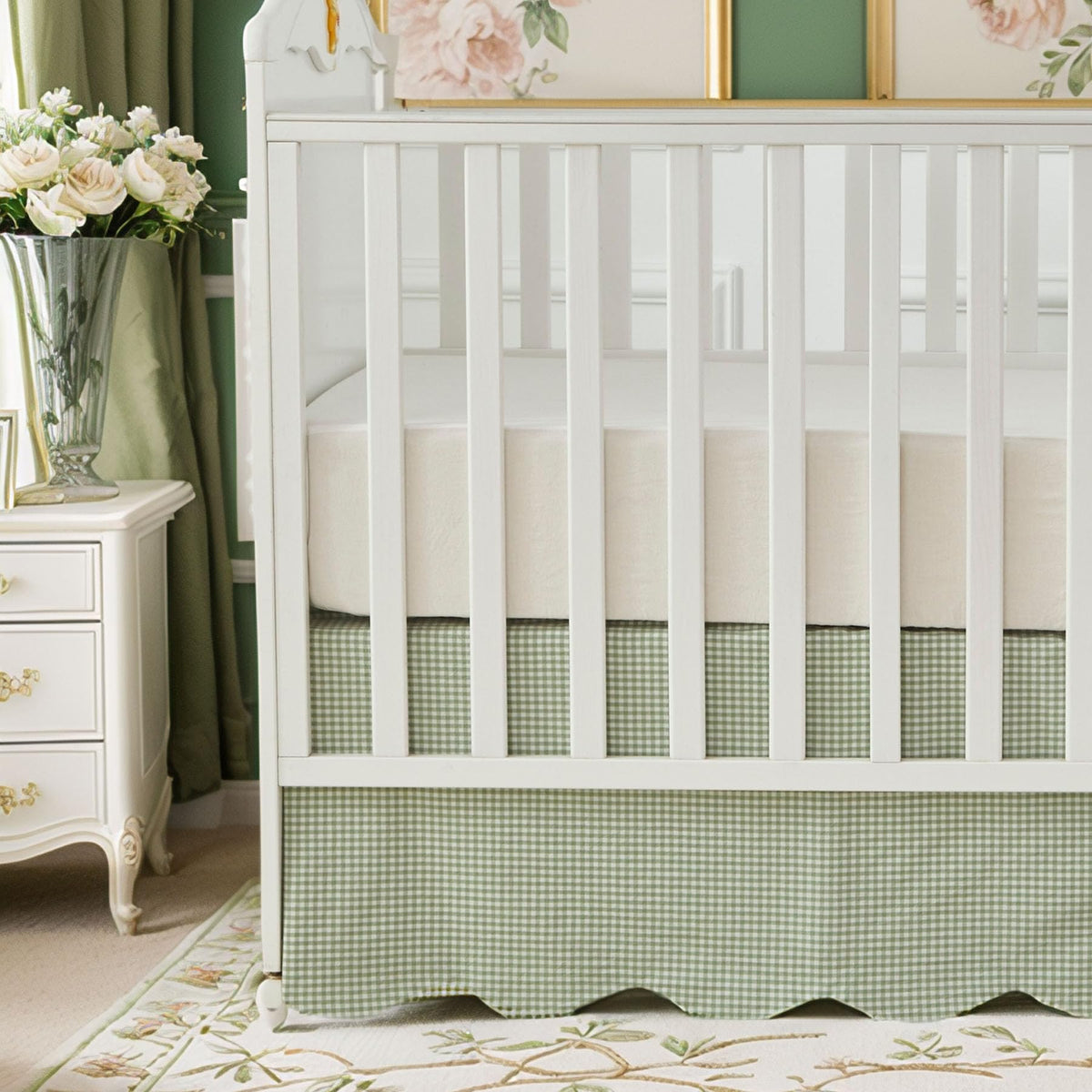 Brandream scallop edge crib skirt in green gingham adds soft texture to the nursery.