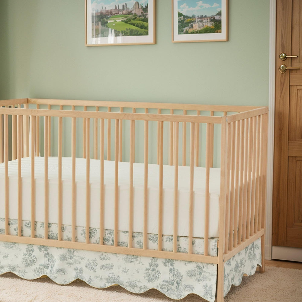 Brandream scallop edge crib skirt in green toile for a vintage nursery