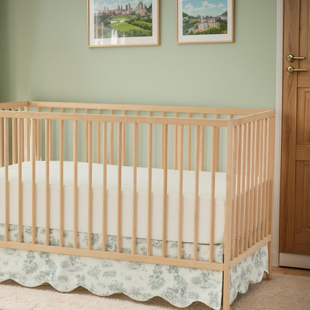Brandream scallop edge crib skirt in green toile for a vintage nursery
