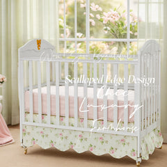 Brandream scallop edge crib skirt on crib showcases elegant boho toile decor.