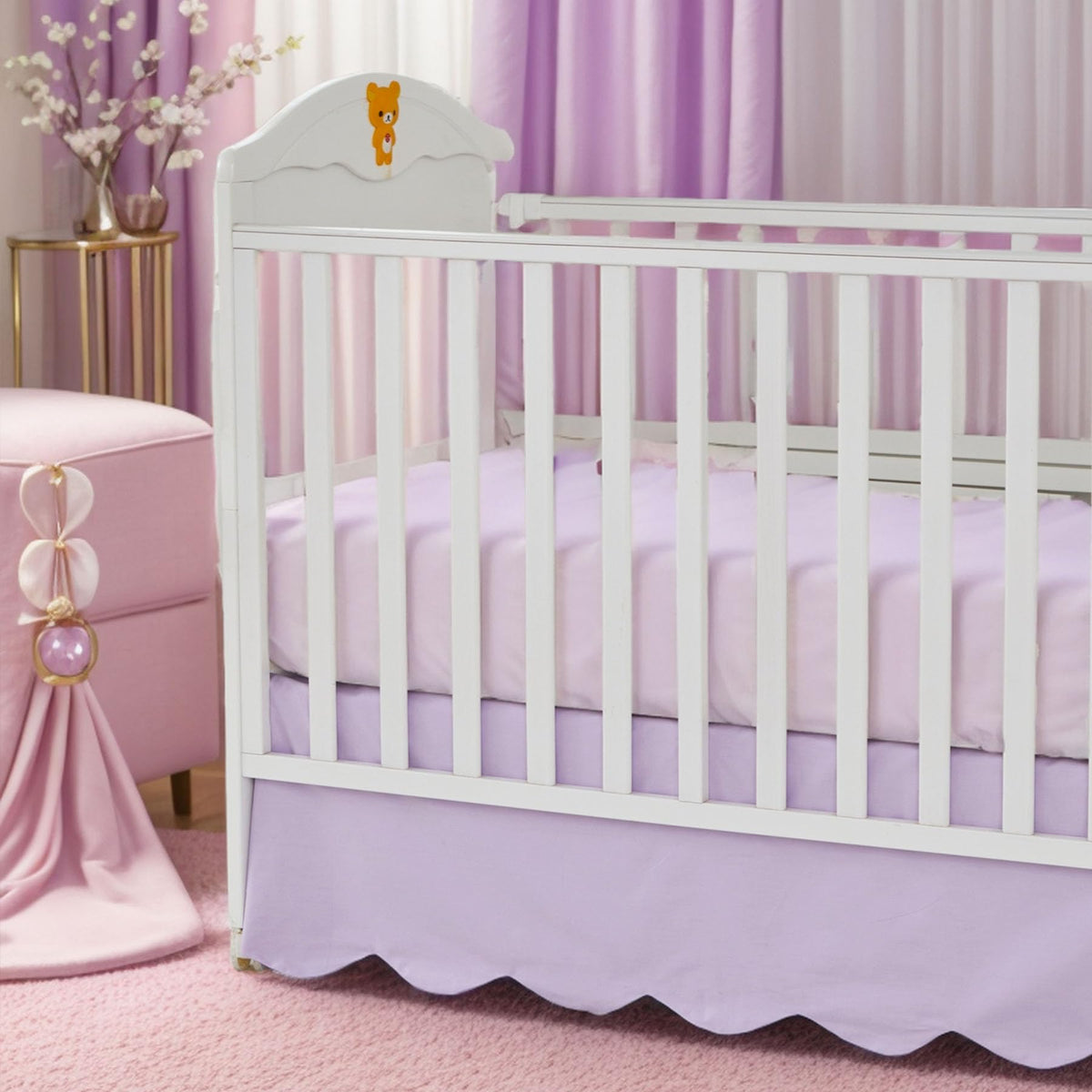 Brandream scallop edge crib skirt in purple adds refined nursery elegance.