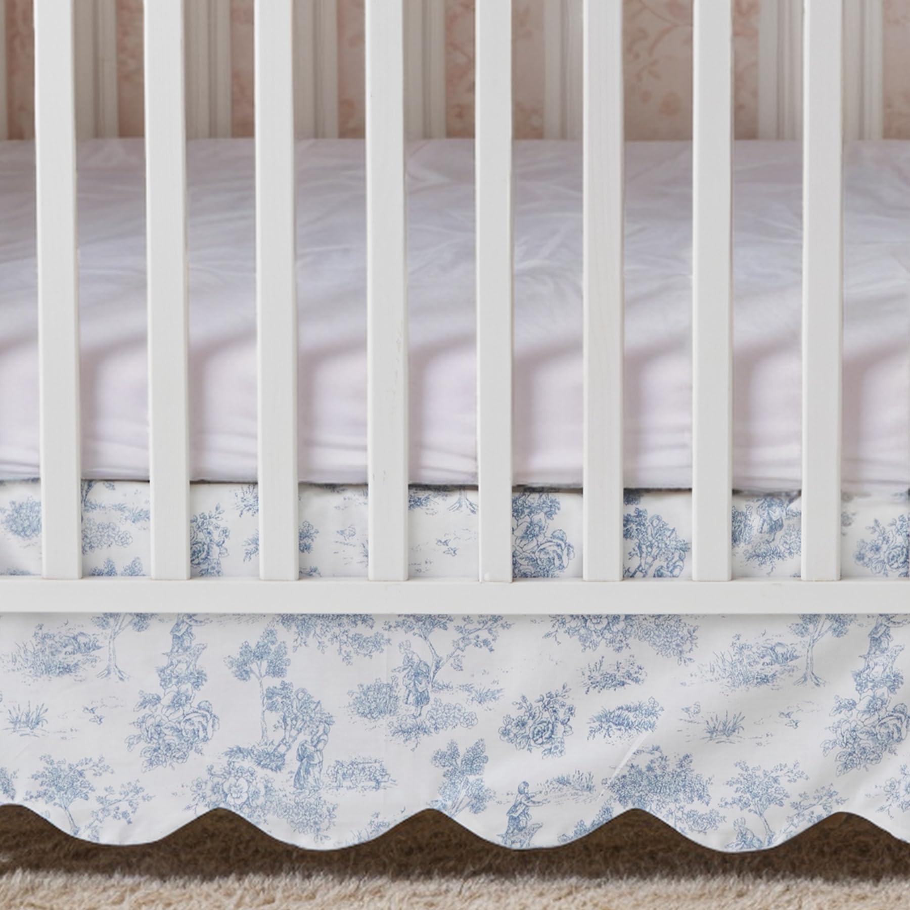 Brandream Toile Crib Skirt features blue floral print that coordinates with baby's decor.