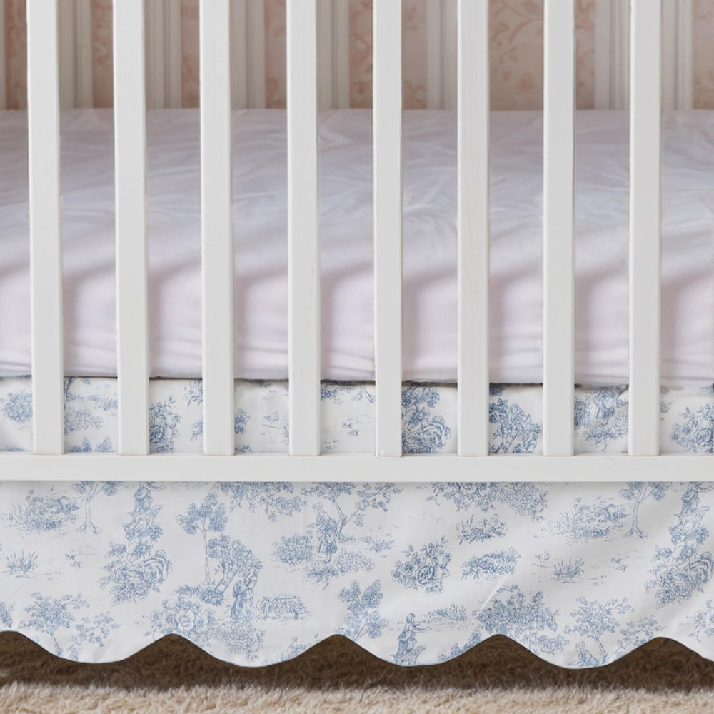 Brandream Toile Crib Skirt features blue floral print that coordinates with baby's decor.