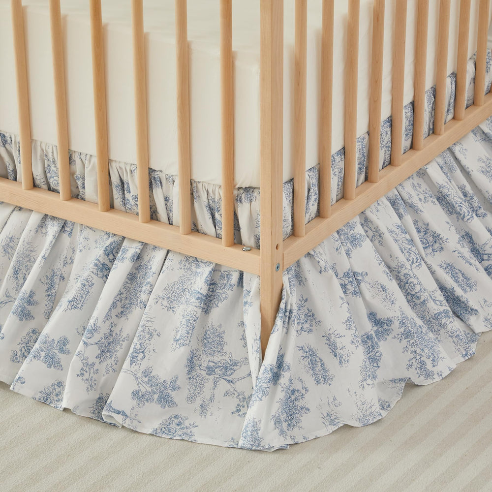 Brandream Toile floral cotton crib skirt showcases calming blue tones for nurseries