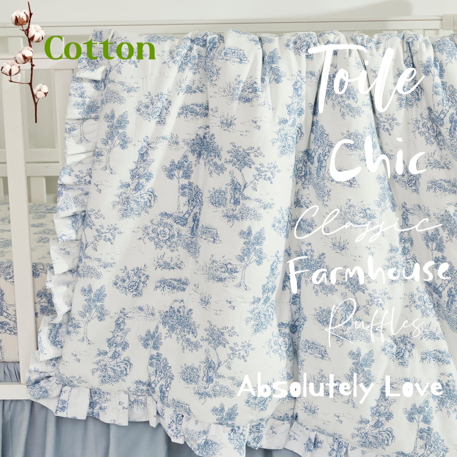 Brandream Toile blue ruffles crib skirt adds elegant drape around the crib.