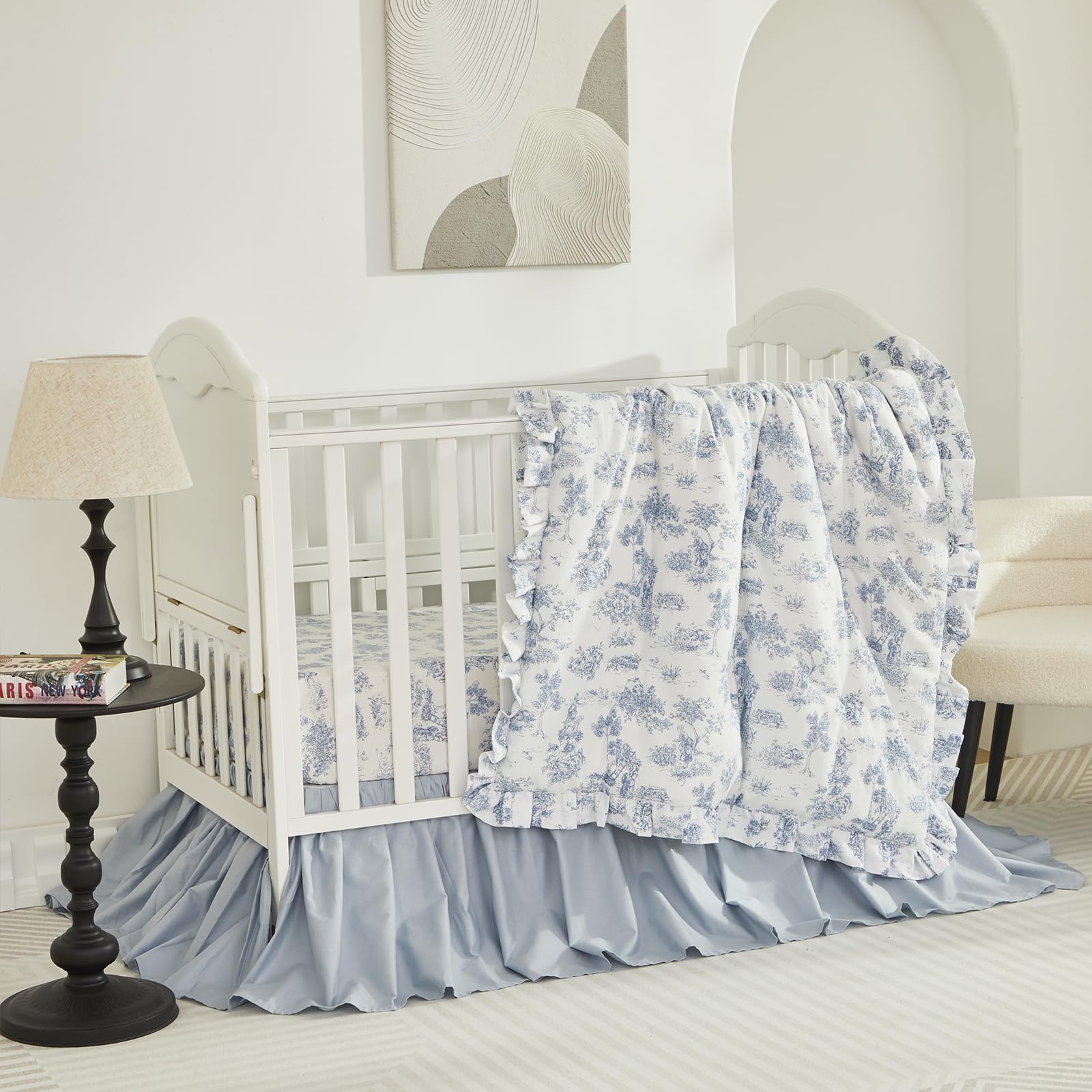 Brandream Toile crib quilt with ruffles offers a soft cotton surface for baby comfort.
