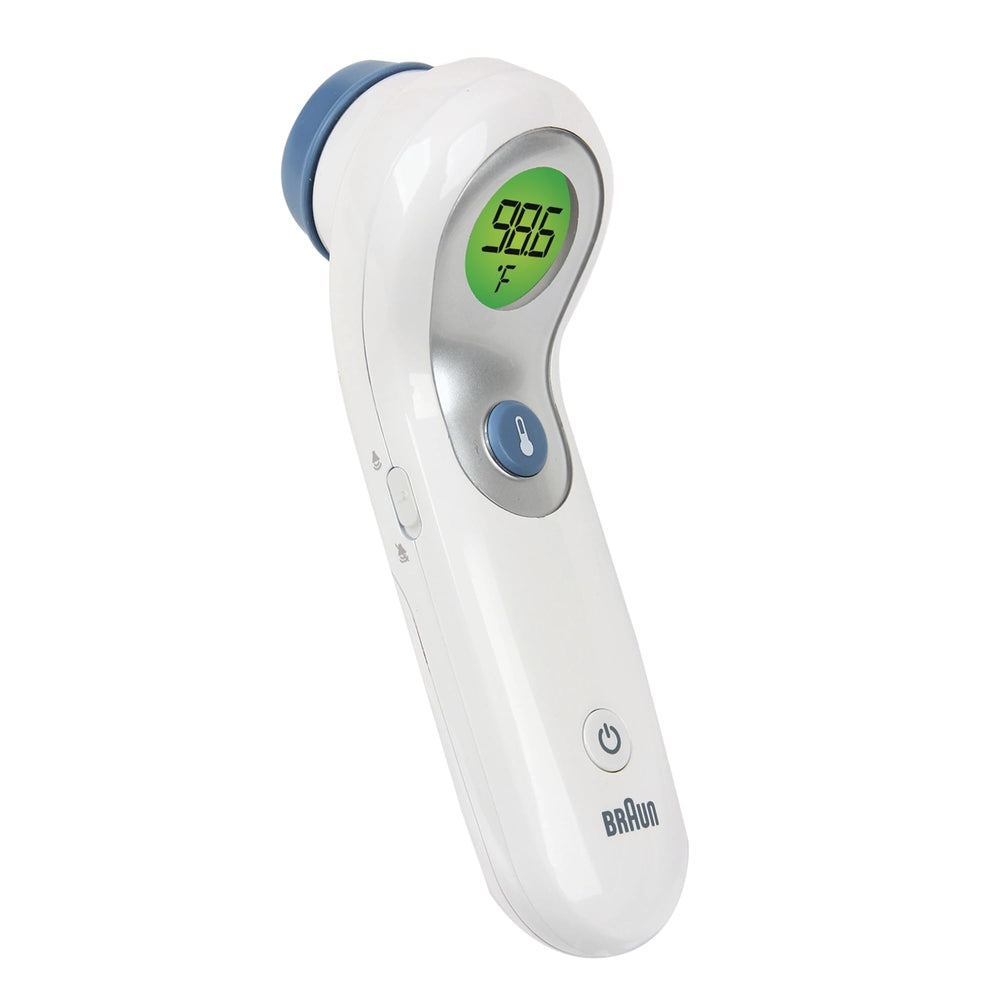 Braun No Touch Forehead Thermometer in use measuring from two inches away