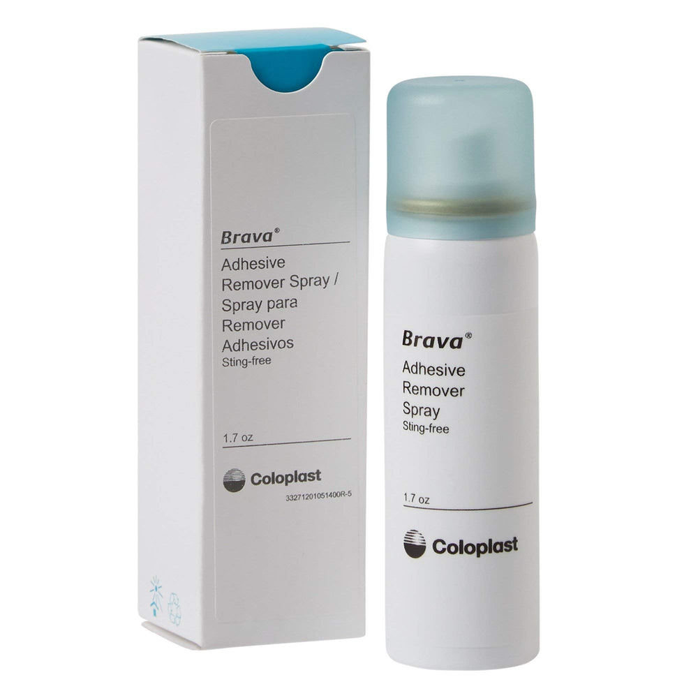 Brava Adhesive Remover spray bottle showing sting-free, quick-dry barrier removal capability.
