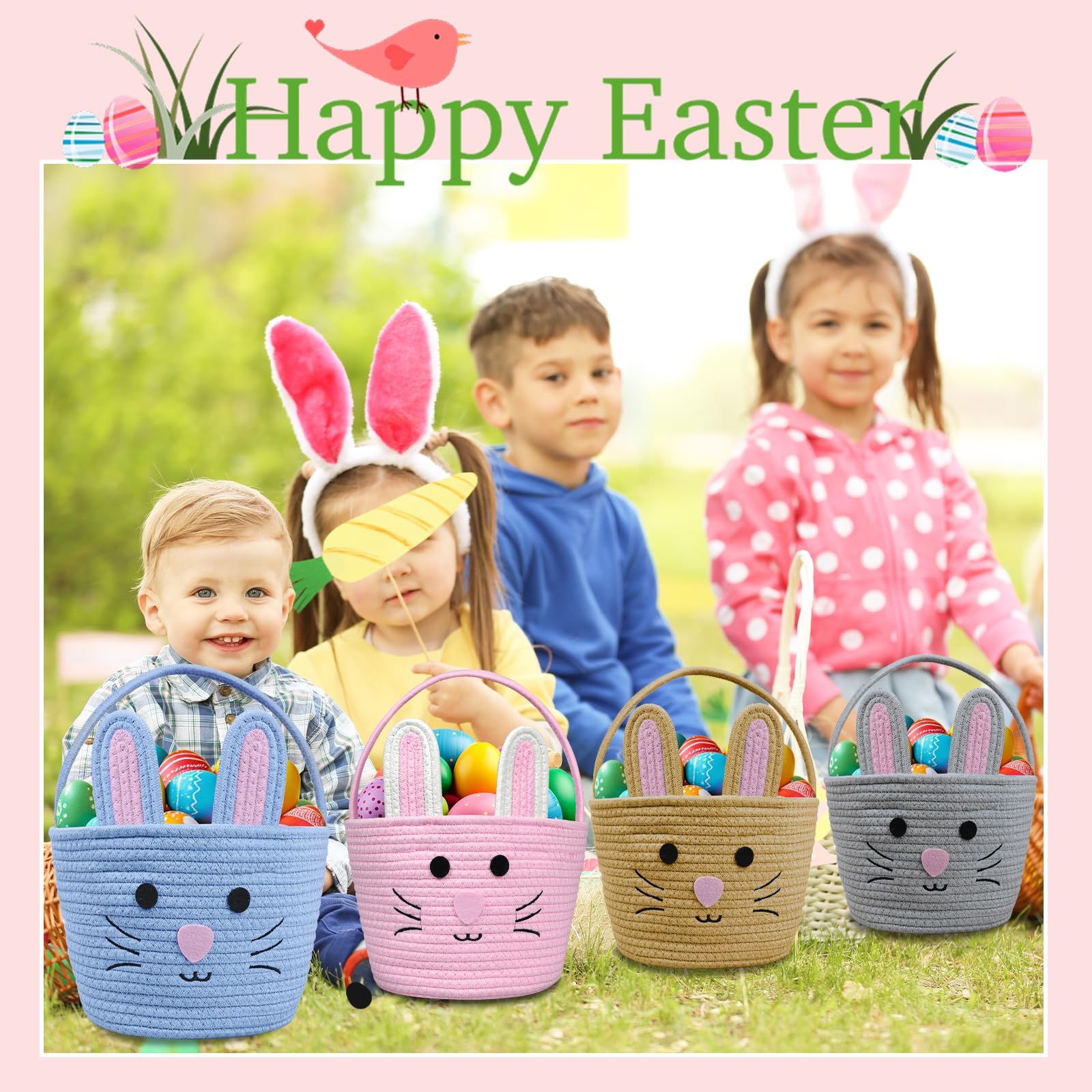 Brbecon bunny pattern and ears add charming kids’ Easter vibes.