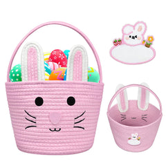 Brbecon Easter Bunny Basket pink front view for kids, soft woven texture for egg hunts